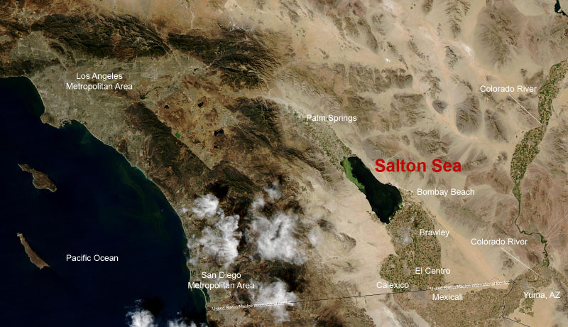 Map showing the location of the Salton Sea - taken from <a href='http://en.wikipedia.org/wiki/Image:Saltonseamap.jpg'>Wikipedia</a> Map showing the location of the Salton Sea - taken from <a href='http://en.wikipedia.org/wiki/Image:Saltonseamap.jpg'>Wikipedia</a>